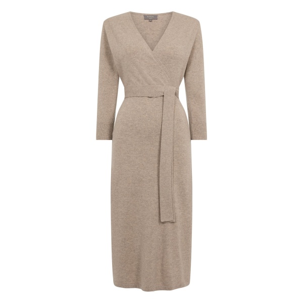 N.Peal Willa Wrap Cashmere Dress in Oatmeal Brown | Midi Dresses | Luxury Shoes 