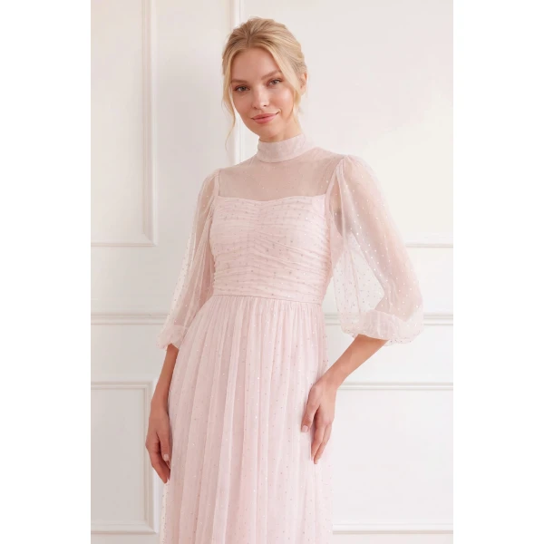 Needle and Thread Amaya Shimmer Long Sleeve Gown in Soft Peony