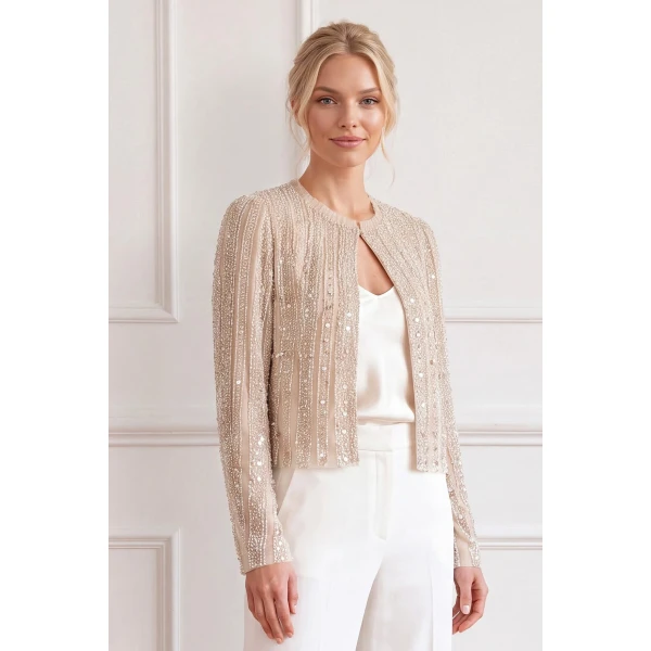 Needle and Thread Jet Embellished Jacket in Moonbeam / Silver
