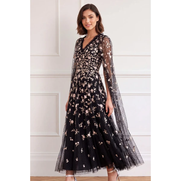 Needle and Thread Lea Ditsy Cape Sleeve Ankle Gown in Jet Black / Multi