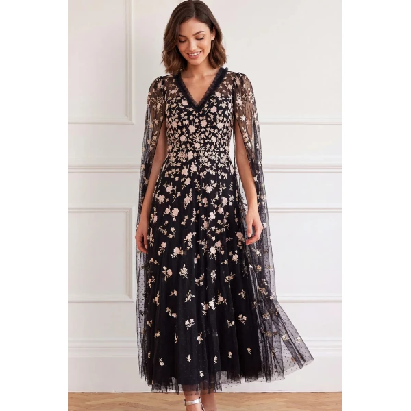 Needle and Thread Lea Ditsy Cape Sleeve Ankle Gown in Jet Black / Multi
