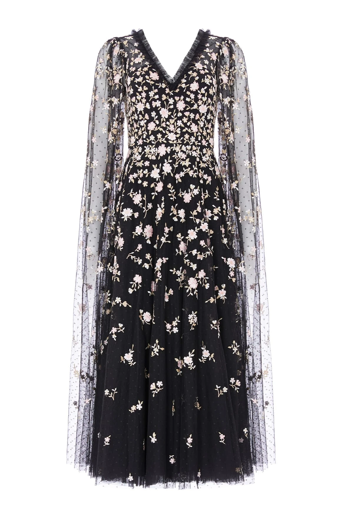 Needle and Thread Lea Ditsy Cape Sleeve Ankle Gown in Jet Black / Multi Needle and Thread Lea Ditsy Cape Sleeve Ankle Gown in Jet Black / Multi | Evening Gowns | Luxury Shoes