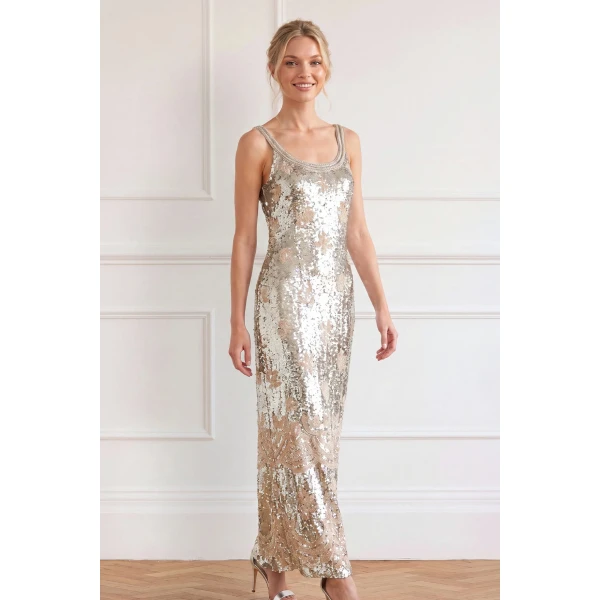 Needle and Thread Luminara Sleeveless Ankle Gown in Moonbeam / Silver