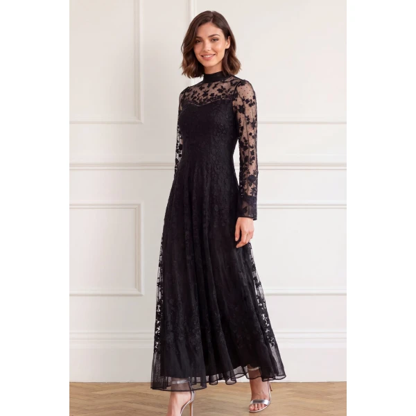 Needle and Thread Sylvia Rose Long Sleeve Ankle Gown in Jet Black
