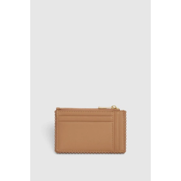 Oroton Broidery Studded 4 Credit Card Mini Zip Pouch Praline, view 3