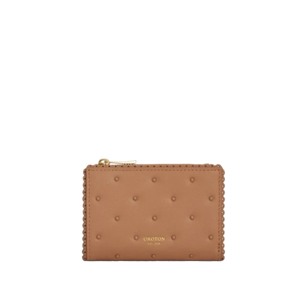 Broidery Studded Mini 10 Credit Card Zip Wallet Praline