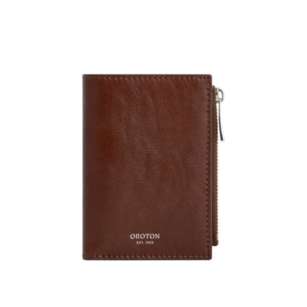 Oroton Cecile Vegetable Leather 10 Credit Card Mini Zip Wallet Dark Chestnut