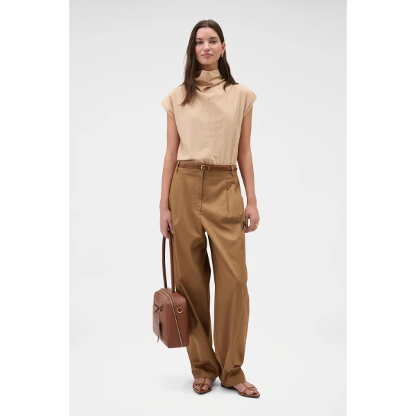 Oroton Cotton Pleat Curve Pant Dark Tobacco, view 6
