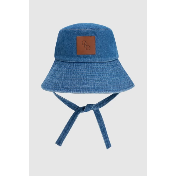 Oroton Denim Bucket Hat Mid Wash Denim, view 3