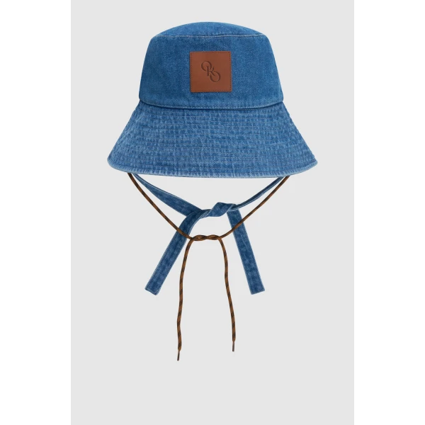 Oroton Denim Bucket Hat Mid Wash Denim, view 4