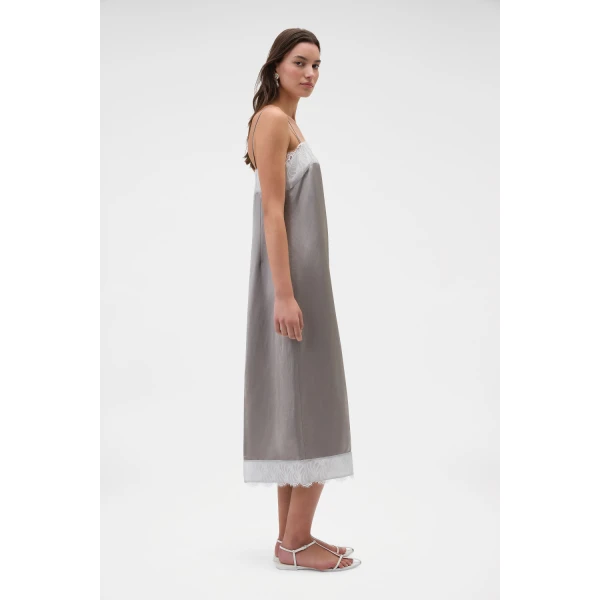 Oroton Double Satin Lace Trim Slip Castle Grey, view 3
