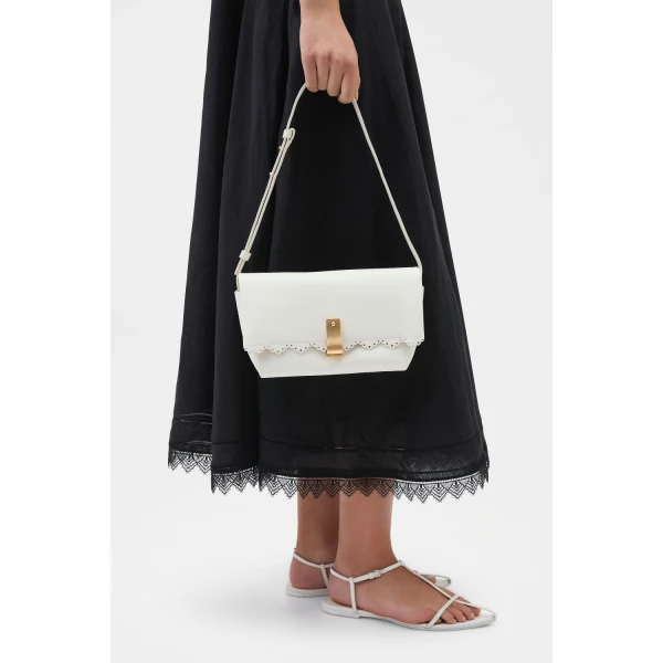 Oroton Etta Smooth Broidery Medium Clutch Warm White, view 2