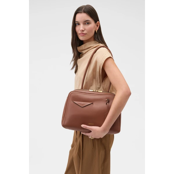 Oroton Everette Smooth Medium Shoulder Bag Chestnut, view 3