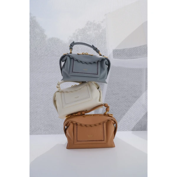 Oroton Mica Smooth Broidery Mini Bowler Praline, view 2