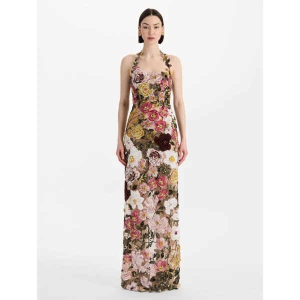 Oscar de la Renta Beaded Mixed Botanical Embroidered Halter Gown