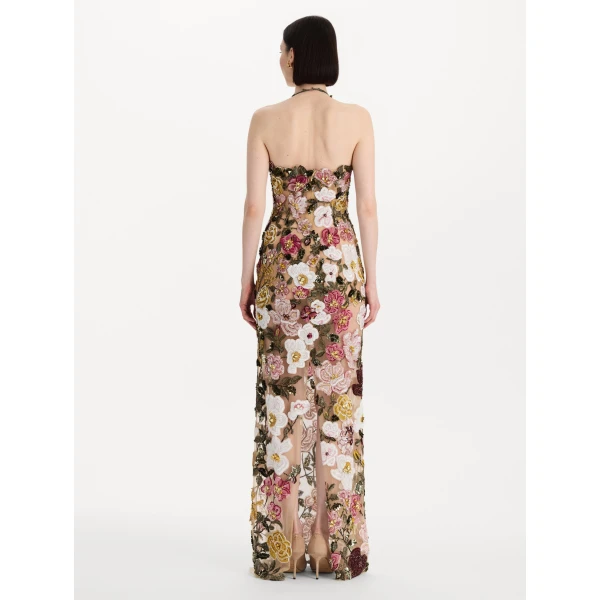 Oscar de la Renta Beaded Mixed Botanical Embroidered Halter Gown