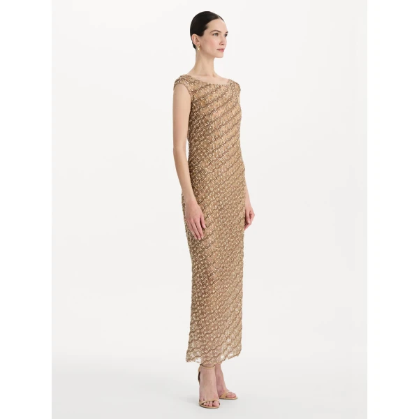 Oscar de la Renta Beaded Wave Embroidered Sleeveless Cocktail Dress, view 4