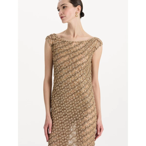 Oscar de la Renta Beaded Wave Embroidered Sleeveless Cocktail Dress, view 5