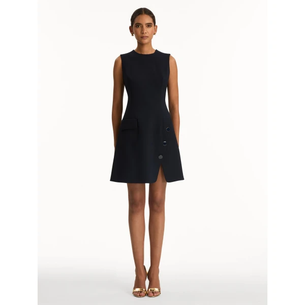 Oscar de la Renta Button-Detailed Wool-Blend Dress in Navy, view 2