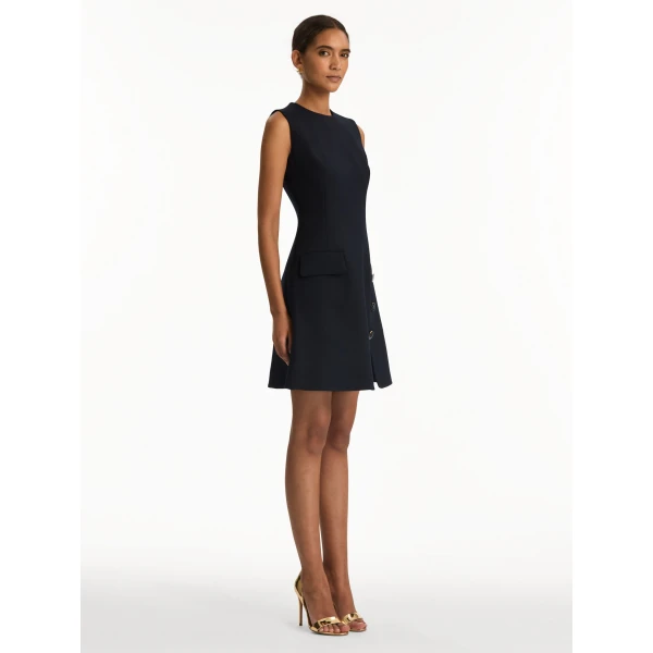 Oscar de la Renta Button-Detailed Wool-Blend Dress in Navy, view 4