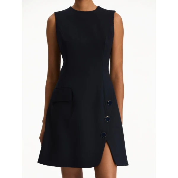 Oscar de la Renta Button-Detailed Wool-Blend Dress in Navy, view 5