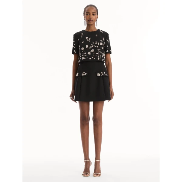 Oscar de la Renta Crystal Floral Embroidered Cocktail Dress in Black, view 3