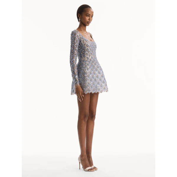 Oscar de la Renta Crystal & Glass Embroidered Cocktail Dress in Lilac, view 4