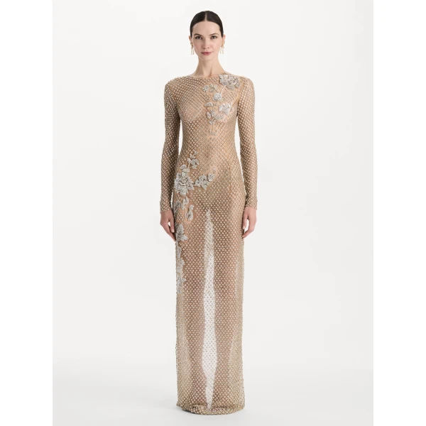 Oscar de la Renta Crystal Grid Floral Embroidered Long Sleeve Gown, view 2