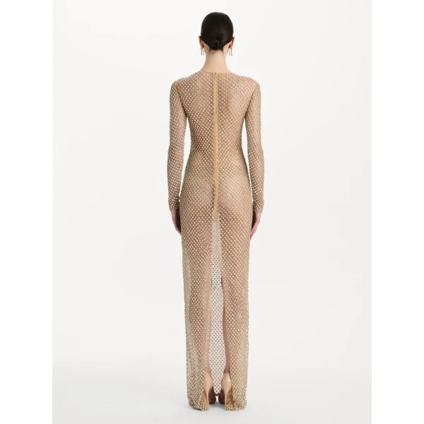 Oscar de la Renta Crystal Grid Floral Embroidered Long Sleeve Gown, view 3