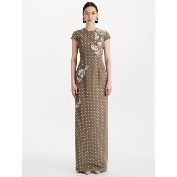 Oscar de la Renta Crystal Grid Floral Embroidered Short Sleeve Gown, view 2