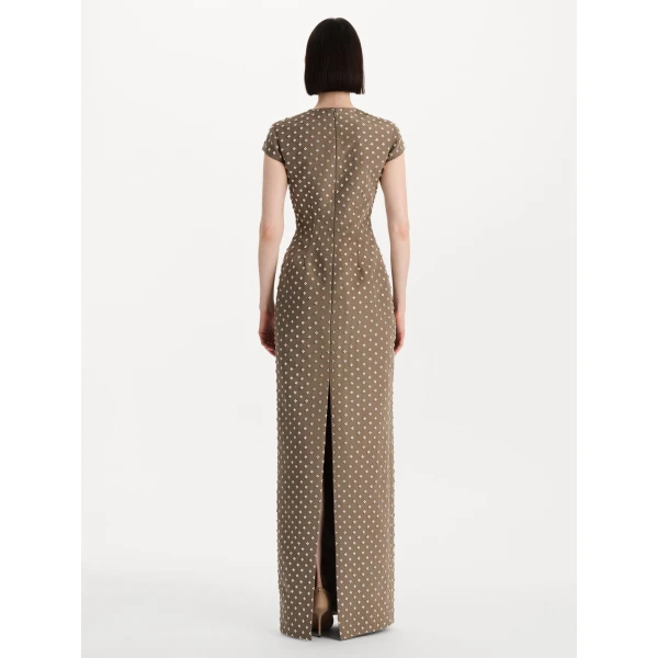 Oscar de la Renta Crystal Grid Floral Embroidered Short Sleeve Gown, view 3