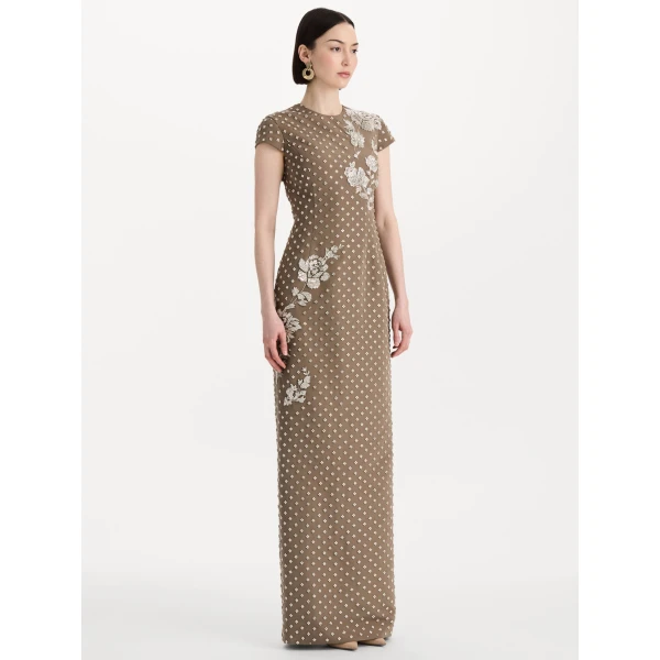 Oscar de la Renta Crystal Grid Floral Embroidered Short Sleeve Gown, view 4