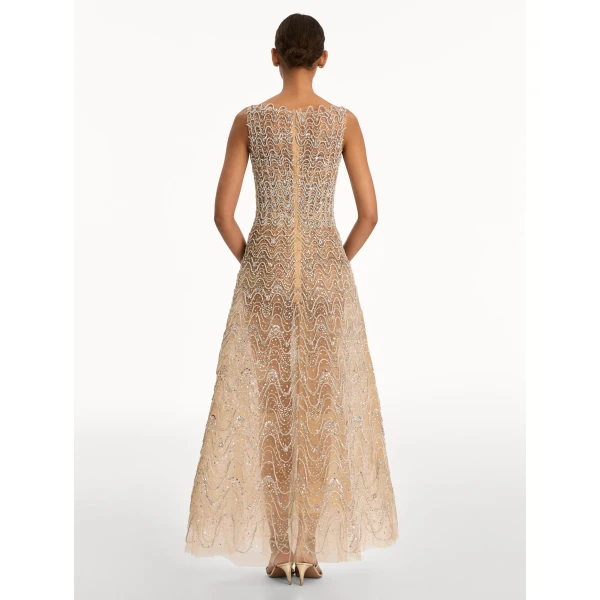 Oscar de la Renta Crystal Wave Embroidered Dress, view 3