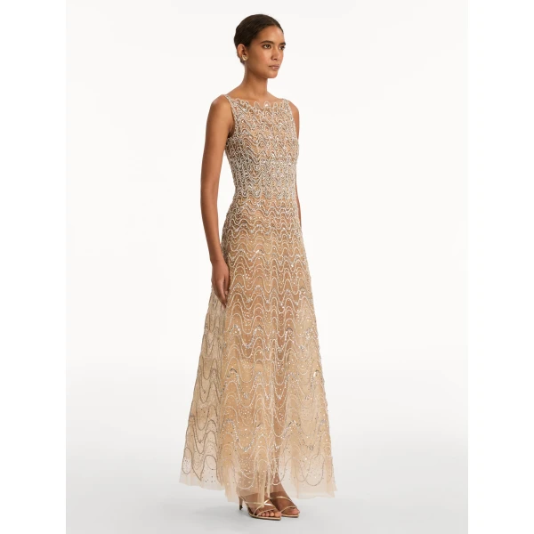 Oscar de la Renta Crystal Wave Embroidered Dress, view 4