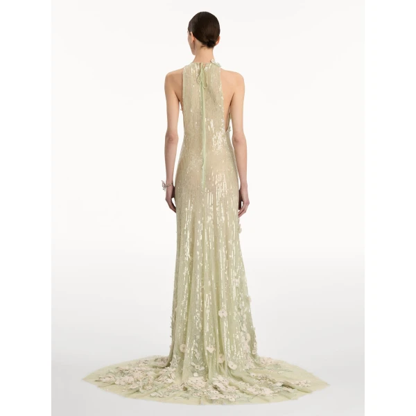 Oscar de la Renta Foxglove Embroidered Sequin Tulle Gown, view 3