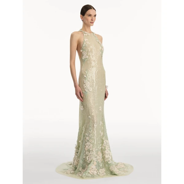 Oscar de la Renta Foxglove Embroidered Sequin Tulle Gown, view 4