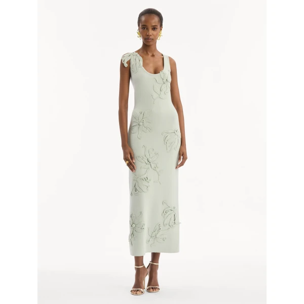 Oscar de la Renta Hibiscus Embroidered Knit Pencil Dress, view 2