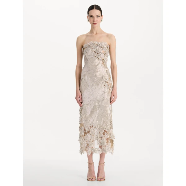 Oscar de la Renta Intarsia Leaves Cutout Embroidered Cocktail Dress