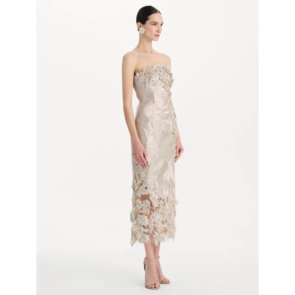 Oscar de la Renta Intarsia Leaves Cutout Embroidered Cocktail Dress