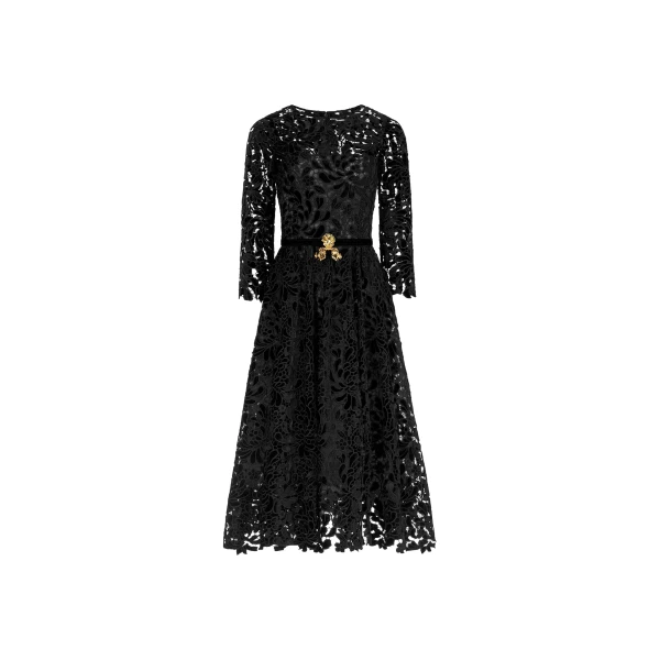 Oscar de la Renta Long Sleeve Chrysanthemum Guipure Cocktail Dress