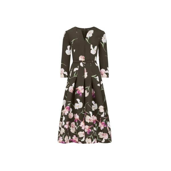 Oscar de la Renta Long Sleeve Painted Iris Degrade Faille Cocktail Dress