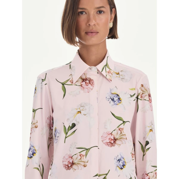 Oscar de la Renta Long Sleeve Painted Iris Poplin Blouse