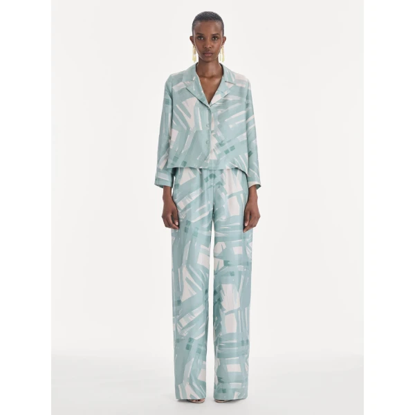 Oscar de la Renta Long Sleeve Stripey Plaid Silk Twill Blouse