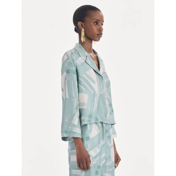 Oscar de la Renta Long Sleeve Stripey Plaid Silk Twill Blouse