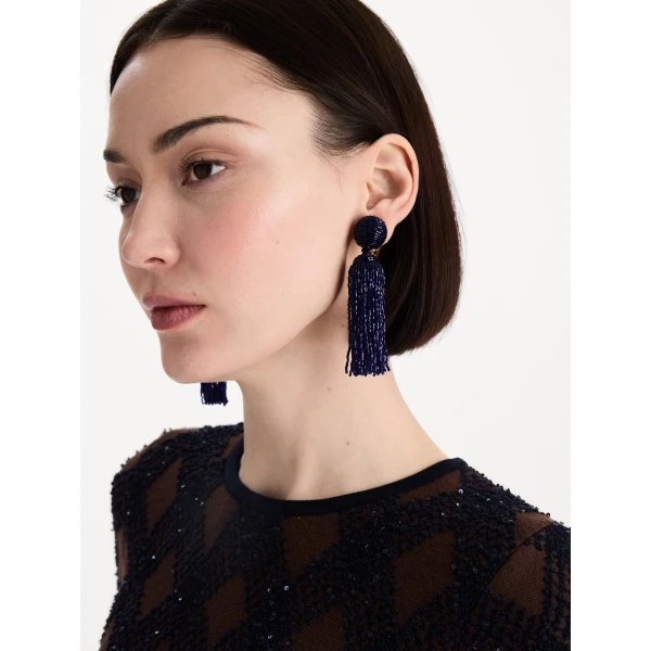 Oscar de la Renta Metallic Beaded Tassel Clip-On Earrings in Blue, view 2