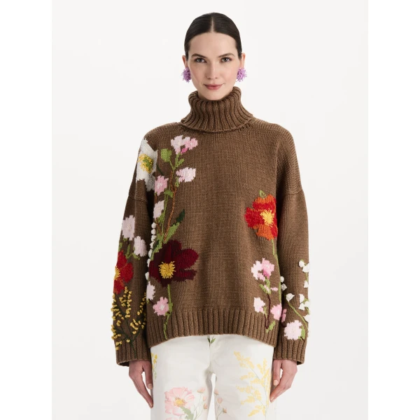 Oscar de la Renta Mixed Botanical Embroidered Oversized Pullover, view 2