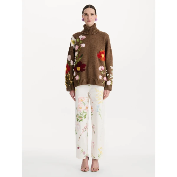 Oscar de la Renta Mixed Botanical Embroidered Oversized Pullover, view 3