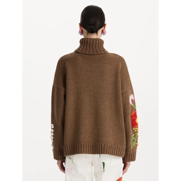 Oscar de la Renta Mixed Botanical Embroidered Oversized Pullover, view 4