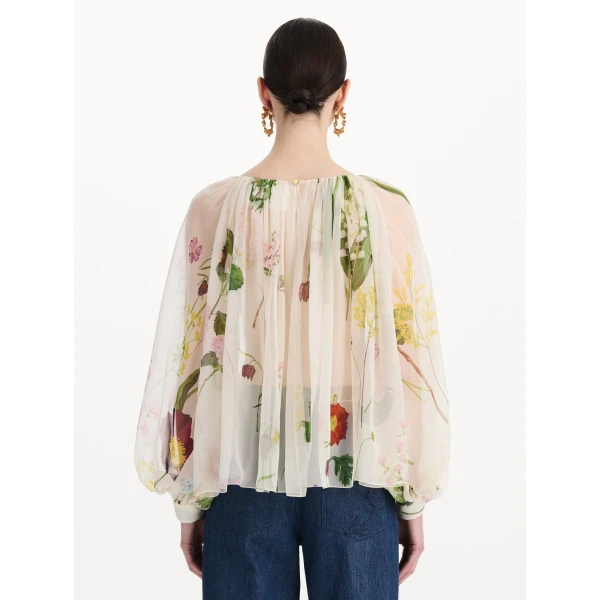 Oscar de la Renta Mixed Botanical Silk Chiffon Blouse, view 4