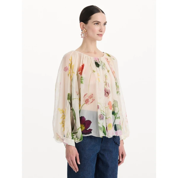Oscar de la Renta Mixed Botanical Silk Chiffon Blouse, view 5